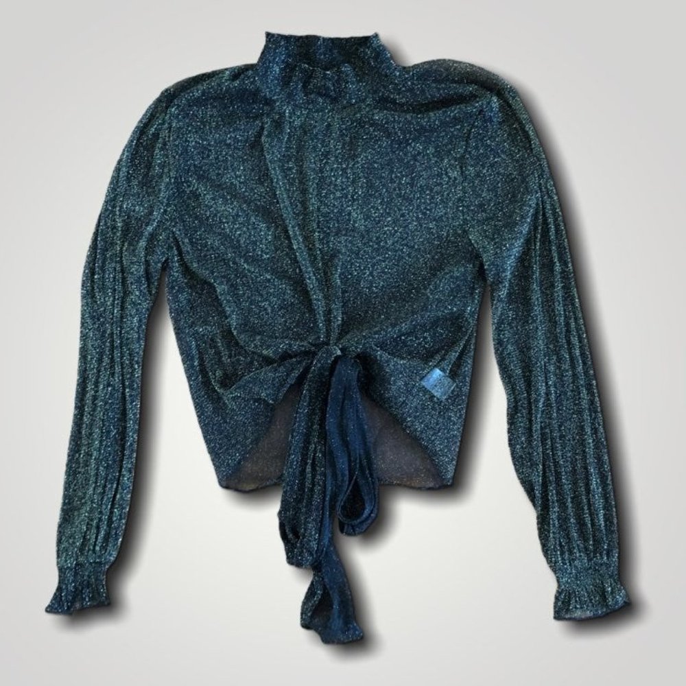 Black Gold Mesh Long Sleeve Tied Blouse - Picture 2 of 8